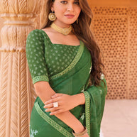 Laxmipati Madhubala Floral Printed along with Foil Work Chiffon Saree in Green Color with Unstitched Blouse