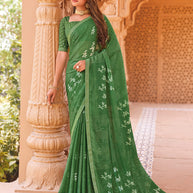 Laxmipati Madhubala Floral Printed along with Foil Work Chiffon Saree in Green Color with Unstitched Blouse