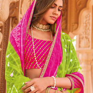 Laxmipati Madhubala Checkered & ikkat Printed with Foil Work Chiffon Saree Neon Green with Unstitched Blouse