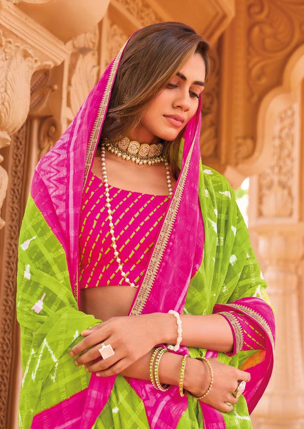 Laxmipati Madhubala Checkered & ikkat Printed with Foil Work Chiffon Saree Neon Green with Unstitched Blouse