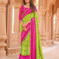 Laxmipati Madhubala Checkered & ikkat Printed with Foil Work Chiffon Saree Neon Green with Unstitched Blouse