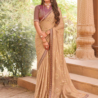 Laxmipati Madhubala Geometric Foil Printed Satin Silk Saree in Brown Color with Unstitched Blouse