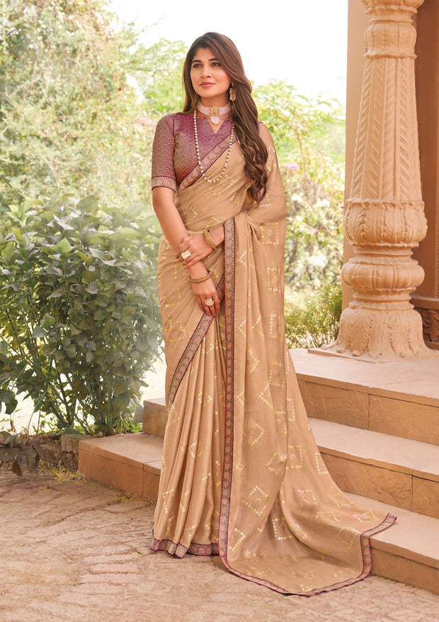 Laxmipati Madhubala Geometric Foil Printed Satin Silk Saree in Brown Color with Unstitched Blouse
