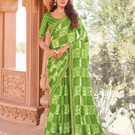 Laxmipati Madhubala Geometric Printed Chiffon Saree in Green Color with Unstitched Blouse