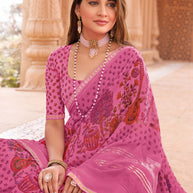 Laxmipati Madhubala Floral Printed Georgette Saree in Pink Color with Unstitched Blouse