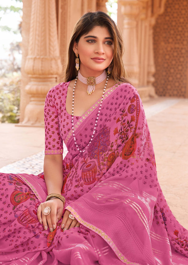 Laxmipati Madhubala Floral Printed Georgette Saree in Pink Color with Unstitched Blouse