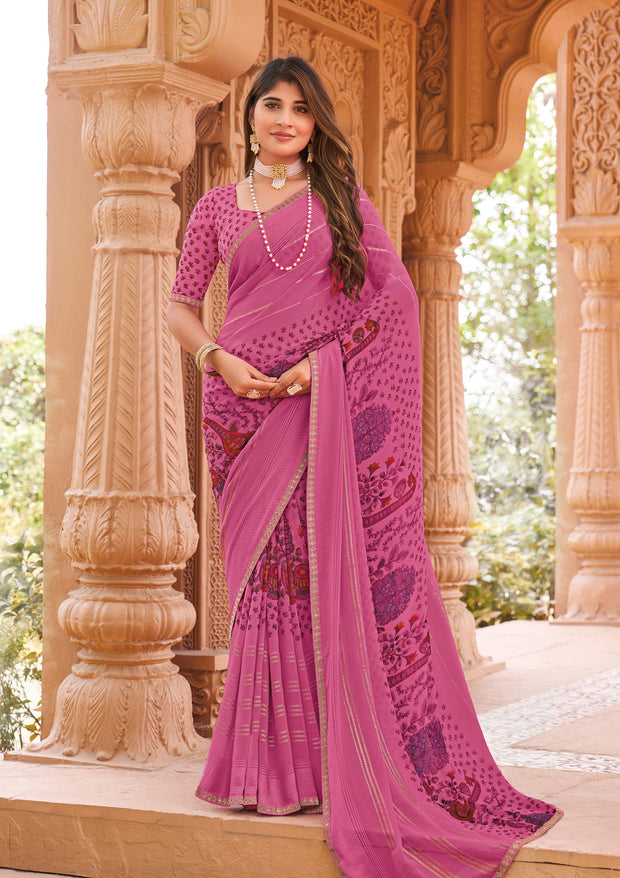 Laxmipati Madhubala Floral Printed Georgette Saree in Pink Color with Unstitched Blouse