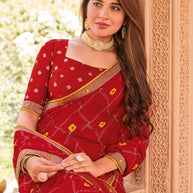Laxmipati Madhubala Geometric Foil Printed Georgette Saree in Red Color with Unstitched Blouse