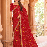 Laxmipati Madhubala Geometric Foil Printed Georgette Saree in Red Color with Unstitched Blouse