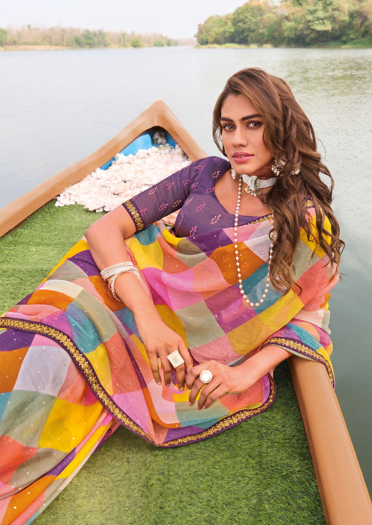 Laxmipati Madhubala Checkered Printed Chiffon Saree in Multicolor Color with Unstitched Blouse