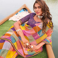 Laxmipati Madhubala Checkered Printed Chiffon Saree in Multicolor Color with Unstitched Blouse