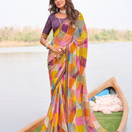Laxmipati Madhubala Checkered Printed Chiffon Saree in Multicolor Color with Unstitched Blouse