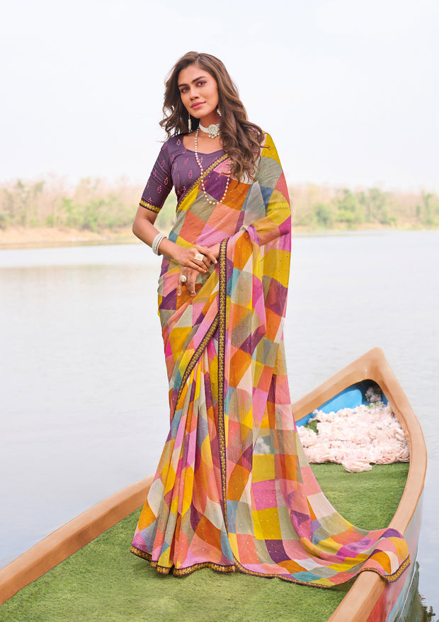 Laxmipati Madhubala Checkered Printed Chiffon Saree in Multicolor Color with Unstitched Blouse