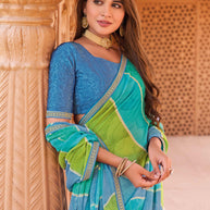 Laxmipati Madhubala Striped Printed Chiffon Saree in Turquoise Blue Color with Unstitched Blouse
