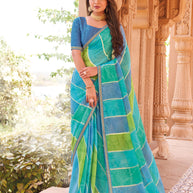 Laxmipati Madhubala Striped Printed Chiffon Saree in Turquoise Blue Color with Unstitched Blouse