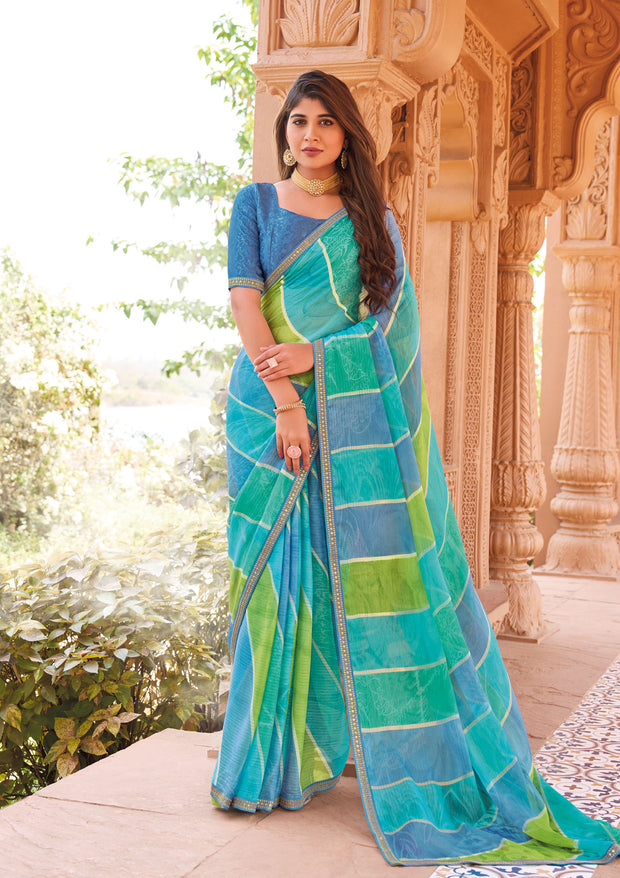Laxmipati Madhubala Striped Printed Chiffon Saree in Turquoise Blue Color with Unstitched Blouse