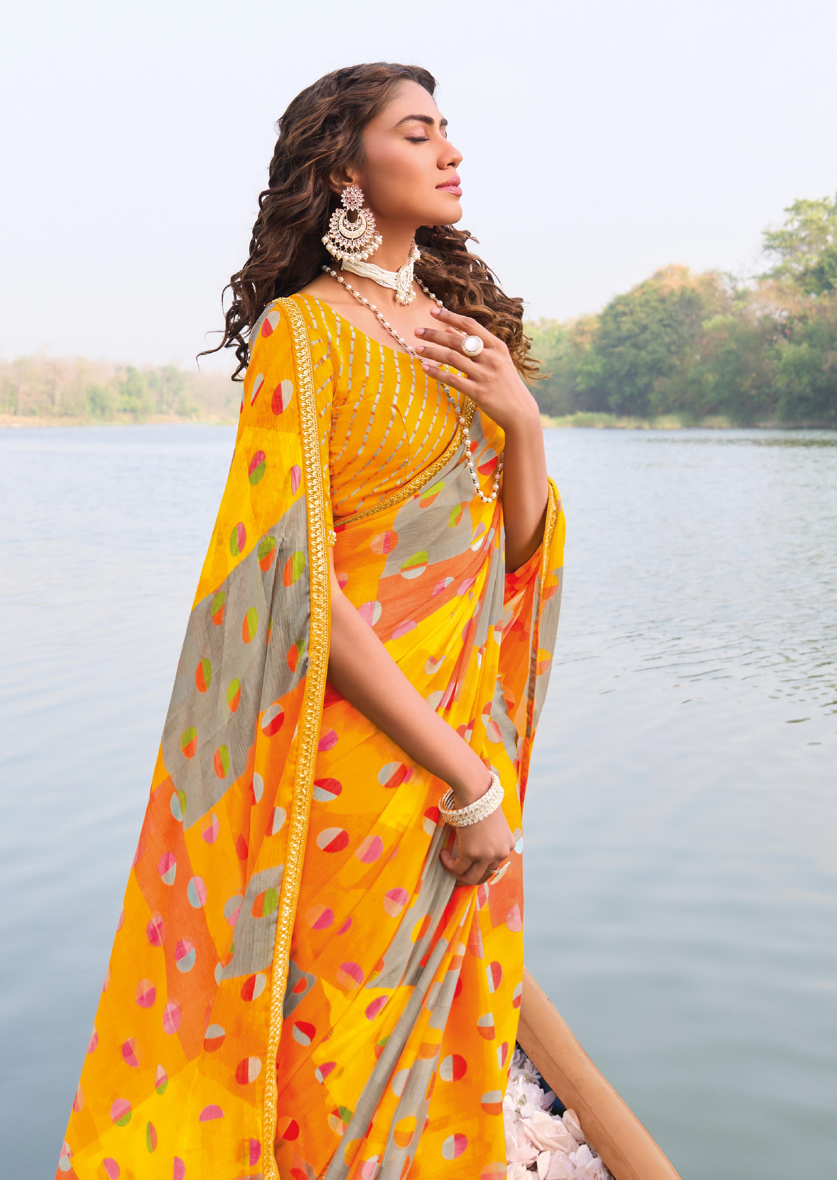 Laxmipati Madhubala Abstract Printed Georgette Saree in Yellow Color with Unstitched Blouse
