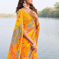 Laxmipati Madhubala Abstract Printed Georgette Saree in Yellow Color with Unstitched Blouse