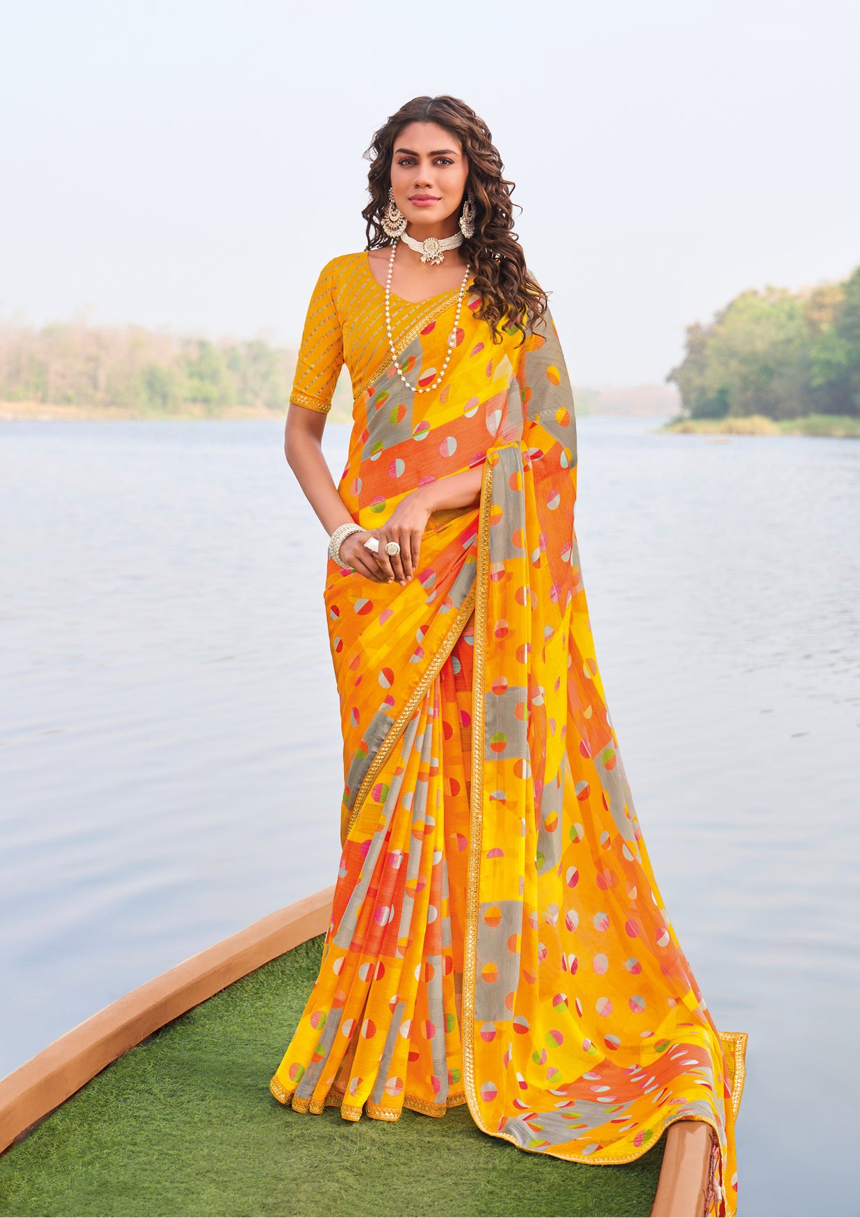 Laxmipati Madhubala Abstract Printed Georgette Saree in Yellow Color with Unstitched Blouse