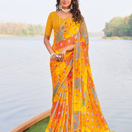 Laxmipati Madhubala Abstract Printed Georgette Saree in Yellow Color with Unstitched Blouse