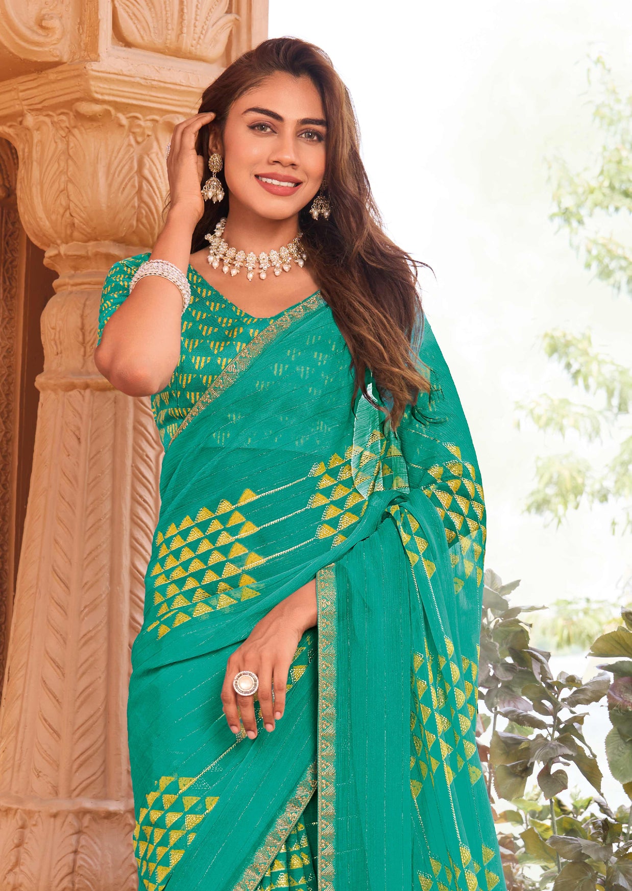 Laxmipati Madhubala Geometric Printed Georgette in Teal Green Color with Unstitched Blouse