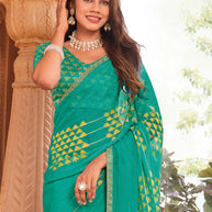 Laxmipati Madhubala Geometric Printed Georgette in Teal Green Color with Unstitched Blouse