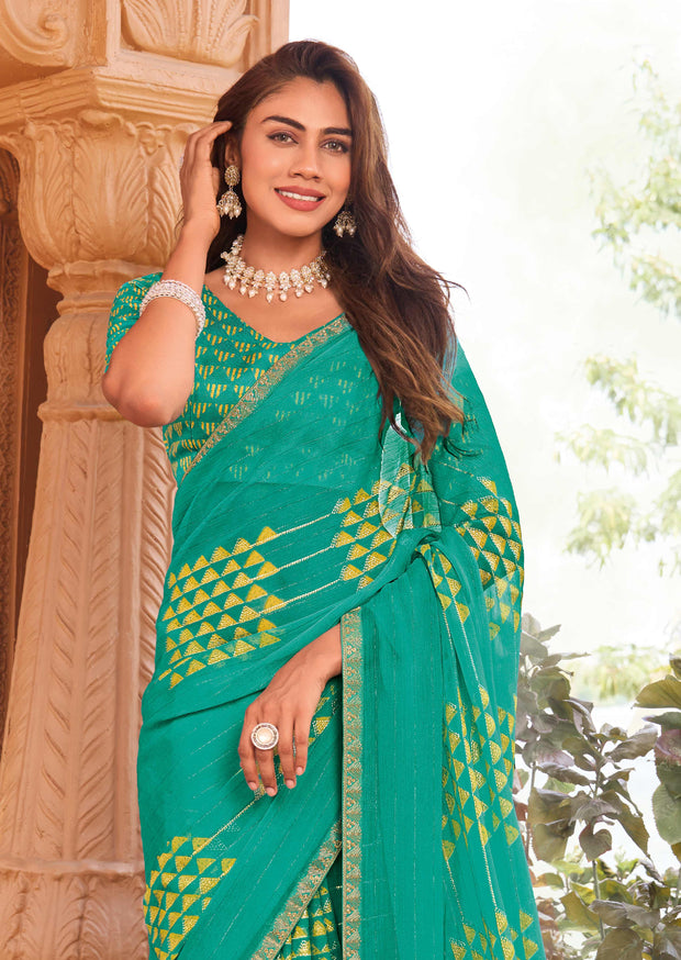 Laxmipati Madhubala Geometric Printed Georgette in Teal Green Color with Unstitched Blouse