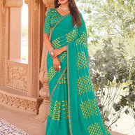 Laxmipati Madhubala Geometric Printed Georgette in Teal Green Color with Unstitched Blouse