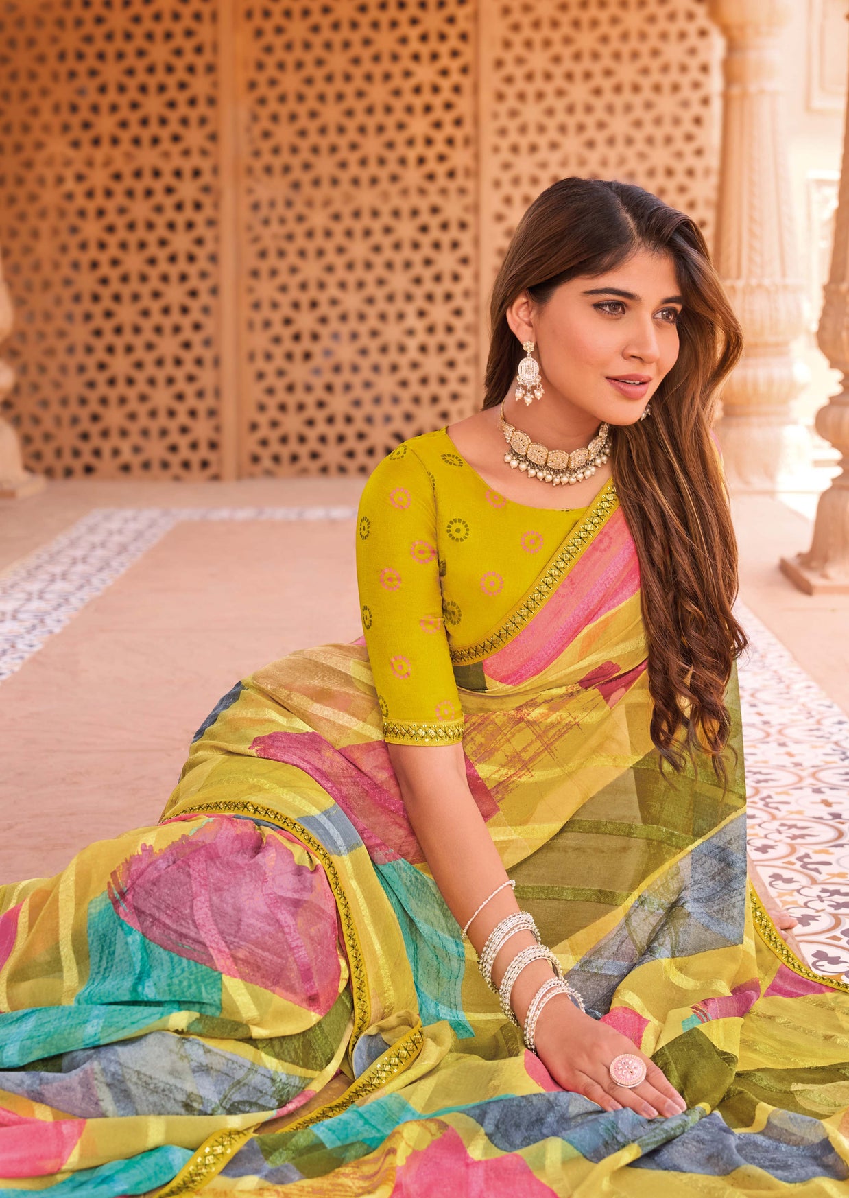 Laxmipati Madhubala Abstract Printed Georgette Saree in Yellow Color with Unstitched Blouse