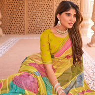 Laxmipati Madhubala Abstract Printed Georgette Saree in Yellow Color with Unstitched Blouse
