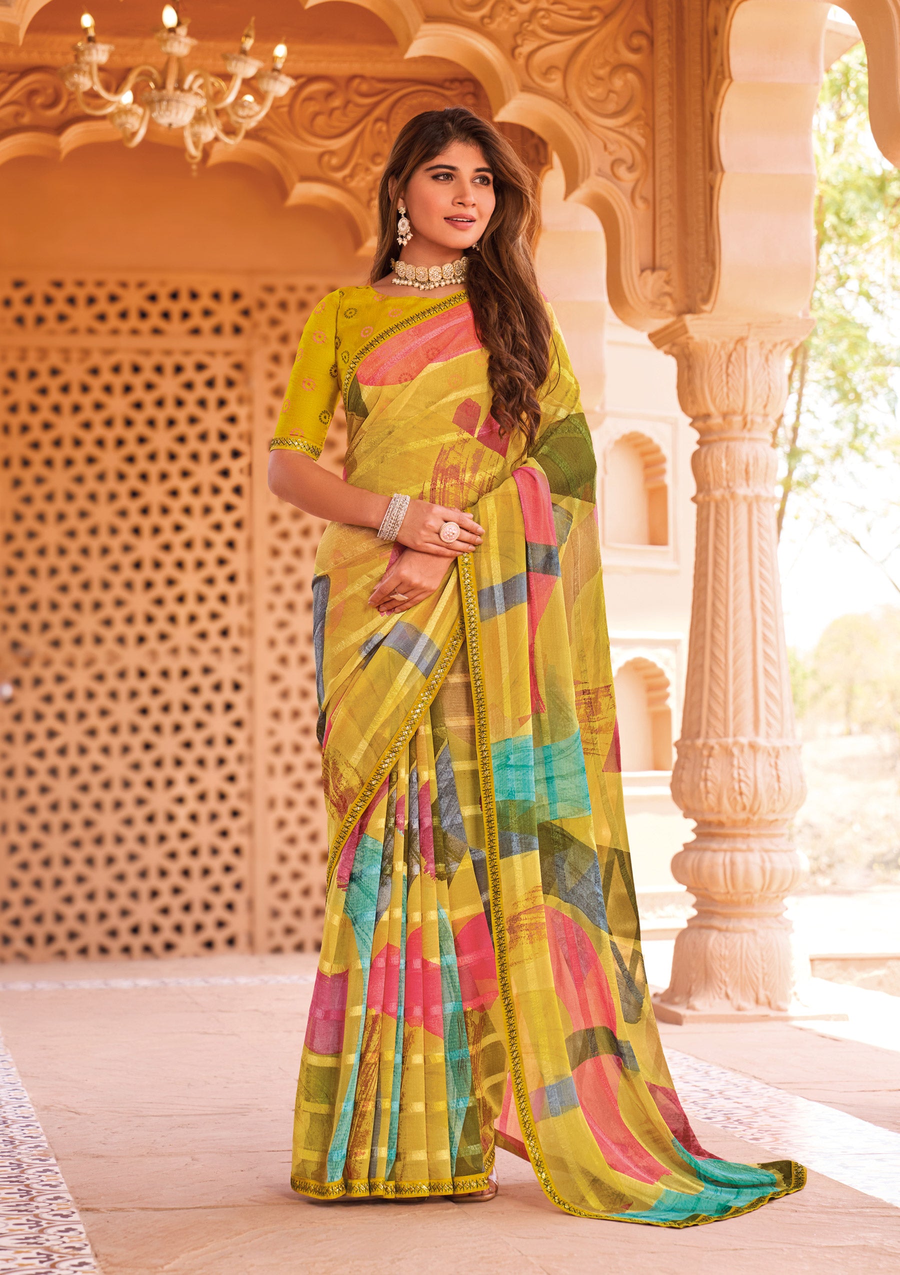 Laxmipati Madhubala Abstract Printed Georgette Saree in Yellow Color with Unstitched Blouse