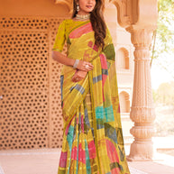 Laxmipati Madhubala Abstract Printed Georgette Saree in Yellow Color with Unstitched Blouse