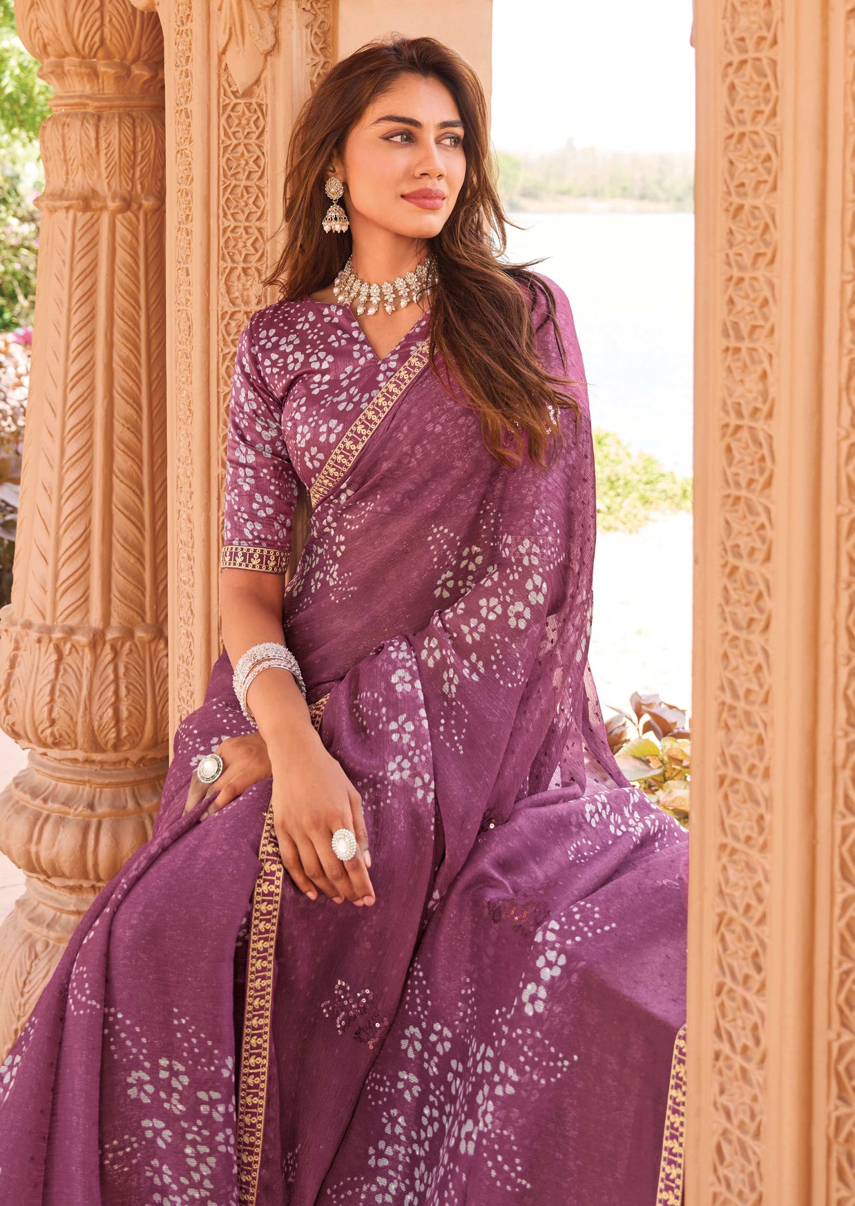 Laxmipati Madhubala Floral Printed Tissue Organza Saree in Wine Plum Color with Unstitched Blouse