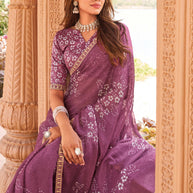 Laxmipati Madhubala Floral Printed Tissue Organza Saree in Wine Plum Color with Unstitched Blouse
