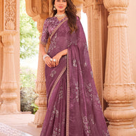 Laxmipati Madhubala Floral Printed Tissue Organza Saree in Wine Plum Color with Unstitched Blouse