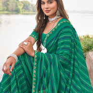 Laxmipati Madhubala Geometric Printed Georgette Saree in Green Color with Unstitched Blouse