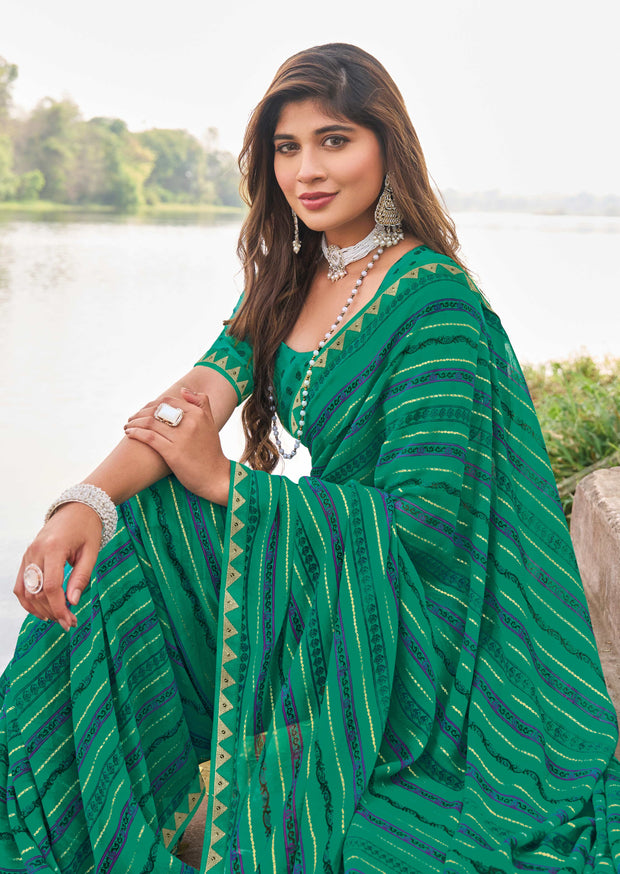 Laxmipati Madhubala Floral Printed Georgette Saree in Green Color with Unstitched Blouse