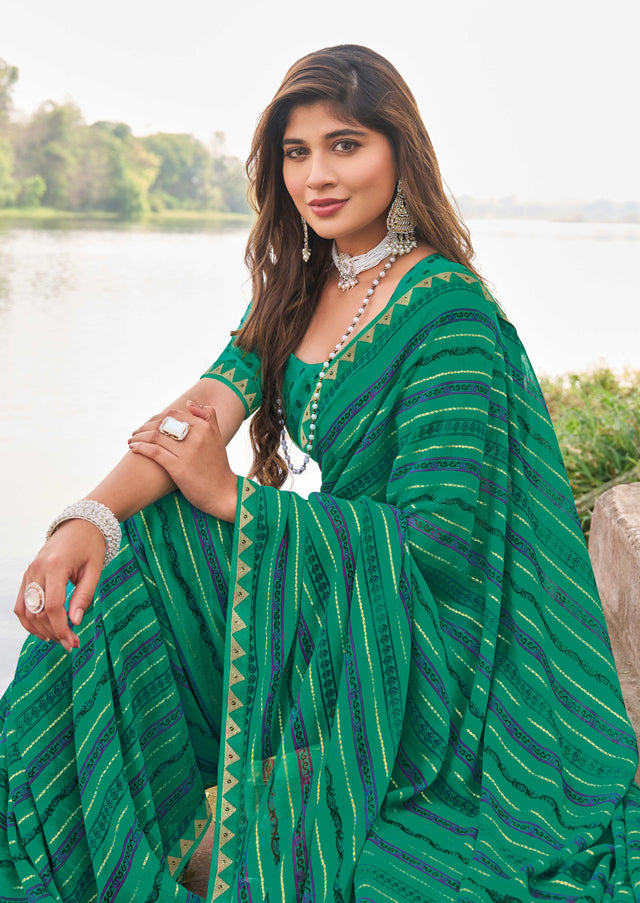 Laxmipati Madhubala Geometric Printed Georgette Saree in Green Color with Unstitched Blouse