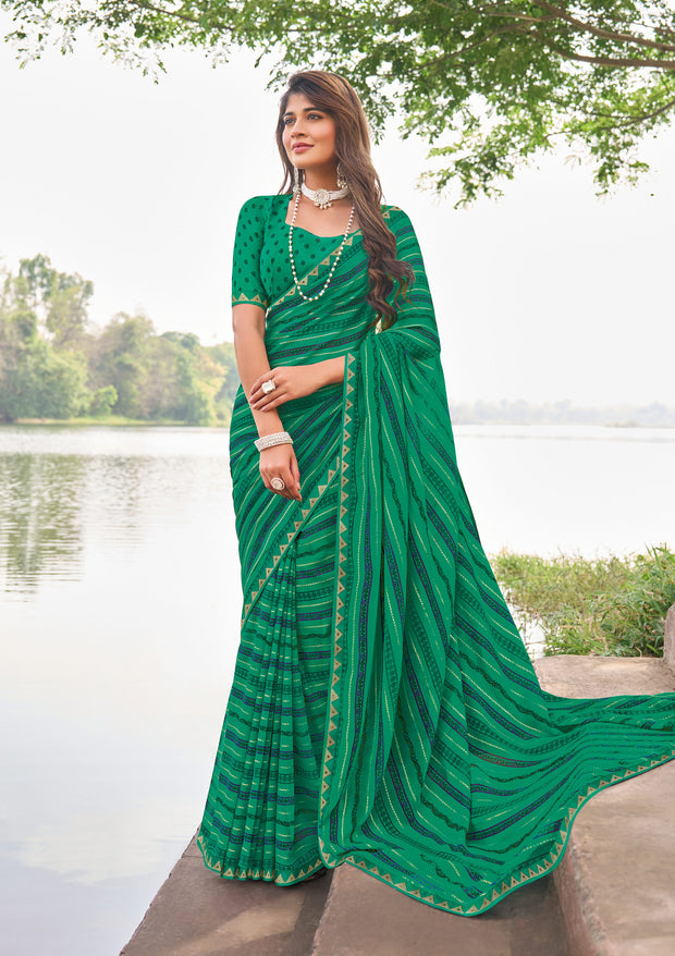 Laxmipati Madhubala Floral Printed Georgette Saree in Green Color with Unstitched Blouse