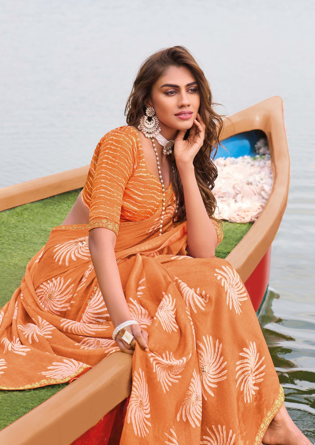 Laxmipati Madhubala Floral Printed Chiffon Saree in Orange Color with Unstitched Blouse