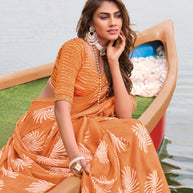 Laxmipati Madhubala Floral Printed Chiffon Saree in Orange Color with Unstitched Blouse