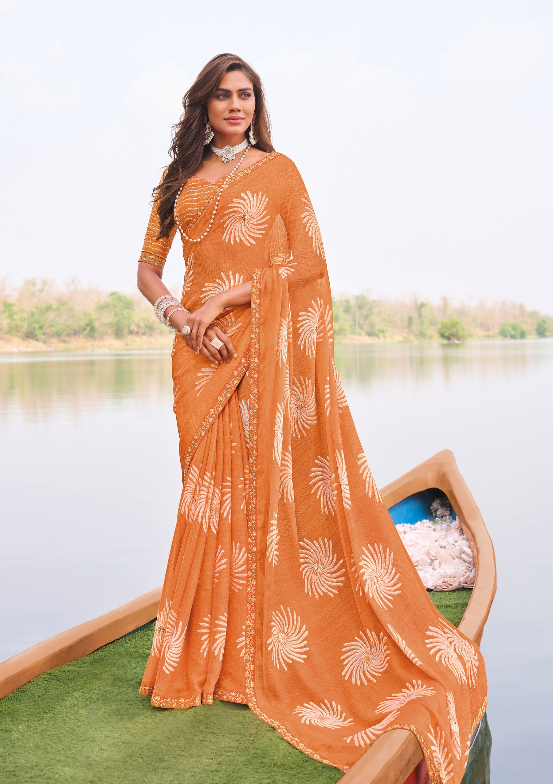 Laxmipati Madhubala Floral Printed Chiffon Saree in Orange Color with Unstitched Blouse