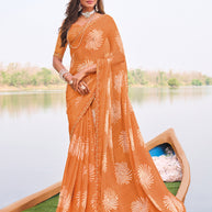 Laxmipati Madhubala Floral Printed Chiffon Saree in Orange Color with Unstitched Blouse