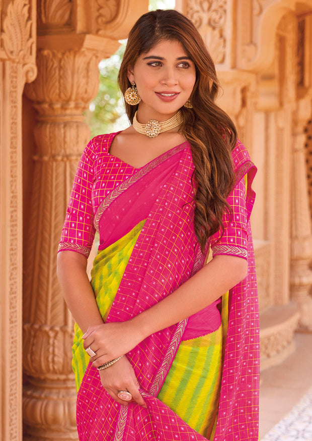 Laxmipati Madhubala Checkered & Striped Printed Chiffon Saree in Green Color with Unstitched Blouse