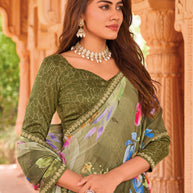Laxmipati Madhubala Floral Printed Georgette Saree in Olive Green Color with Unstitched Blouse