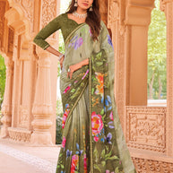 Laxmipati Madhubala Floral Printed Georgette Saree in Olive Green Color with Unstitched Blouse