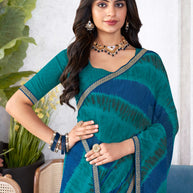 Laxmipati Mala Diagonal Striped Printed Georgette Saree in Teal Blue Color with Unstitched Blouse