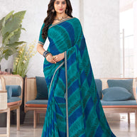 Laxmipati Mala Diagonal Striped Printed Georgette Saree in Teal Blue Color with Unstitched Blouse