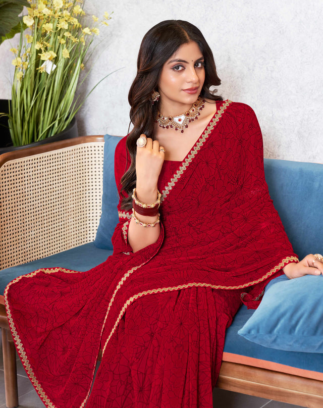 Laxmipati Mala Floral Printed Georgette Saree in Deep Red Color with Unstitched Blouse