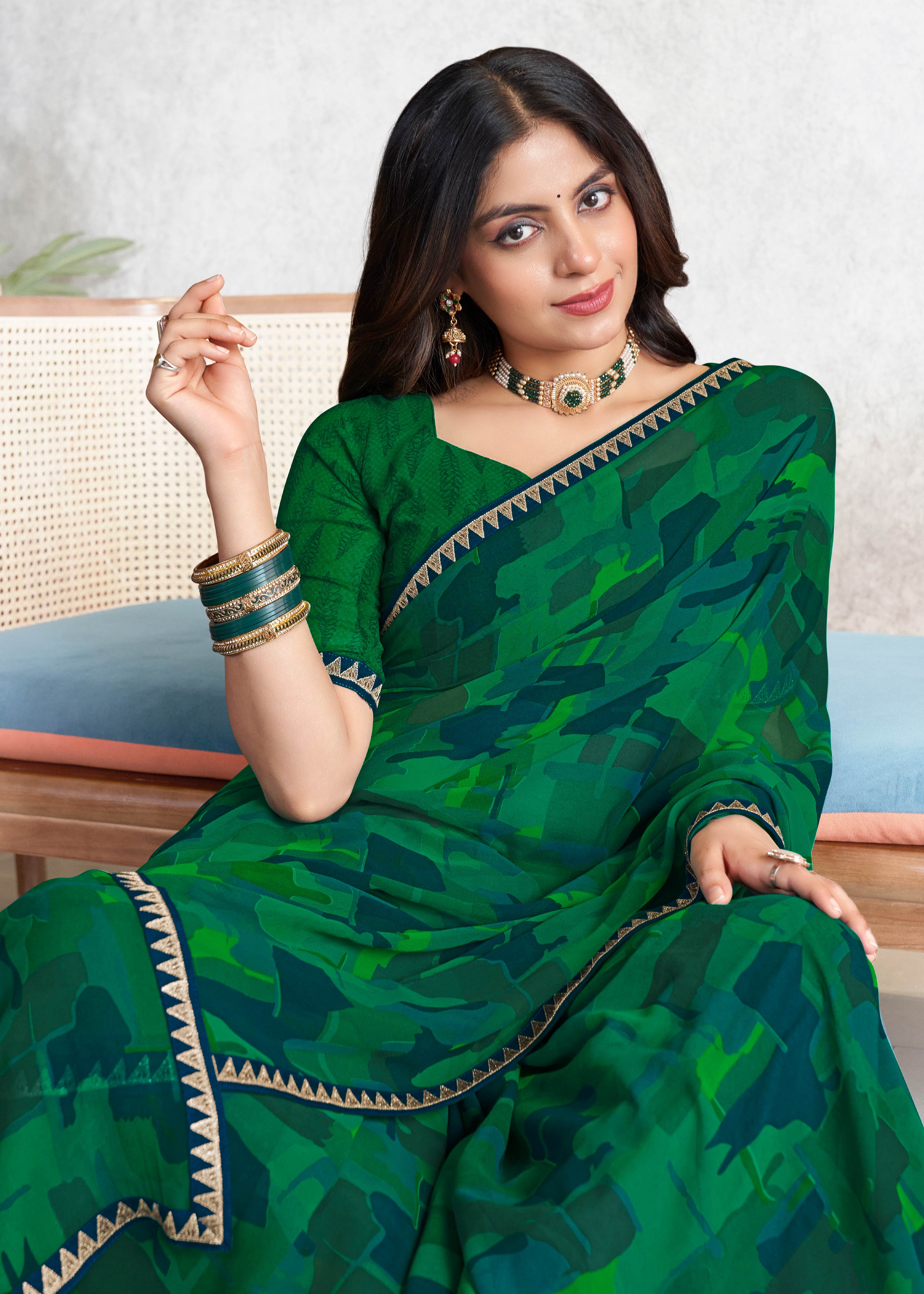 Laxmipati Mala Abstract Printed Georgette Saree in Green Color with Unstitched Blouse